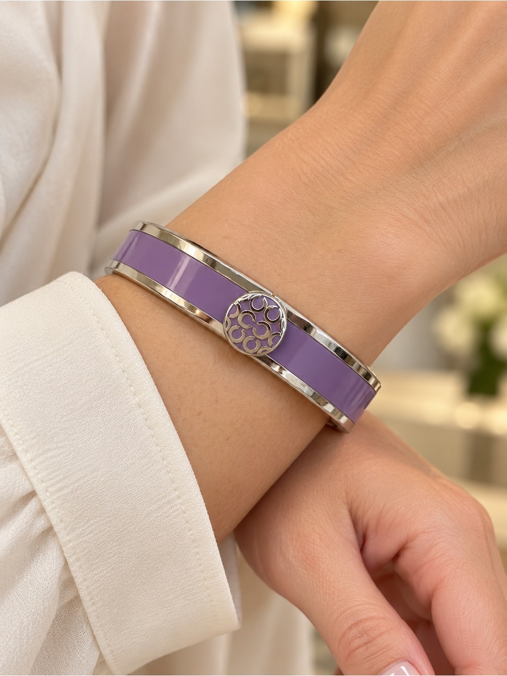 Coach Signature Enamel Hinged Bangle Bracelet Purple & Silver